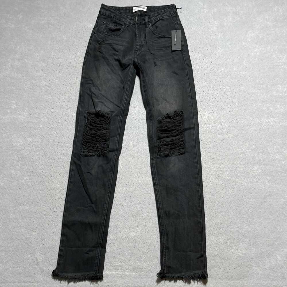One X One Teaspoon Straight Leg Jeans Women Size 26 Black Denim Distressed NWT